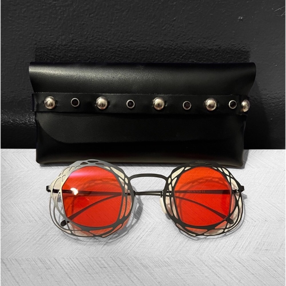 Black & red gothic sunglasses + handmade leather pouch black cz & silver studs